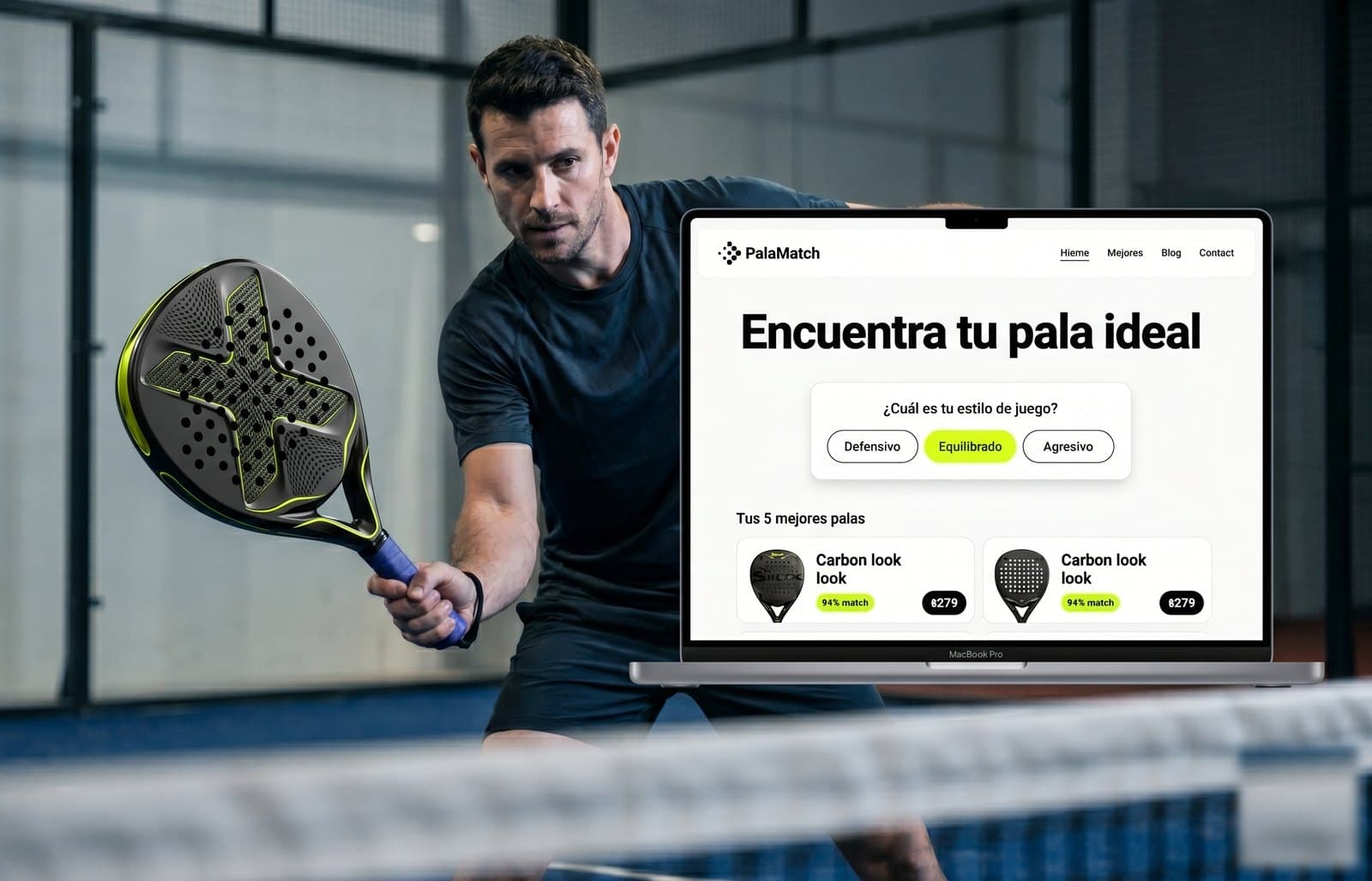 Pala Match — AI-powered product landing showing padel rackets and the question 'Encuentra tu pala ideal'